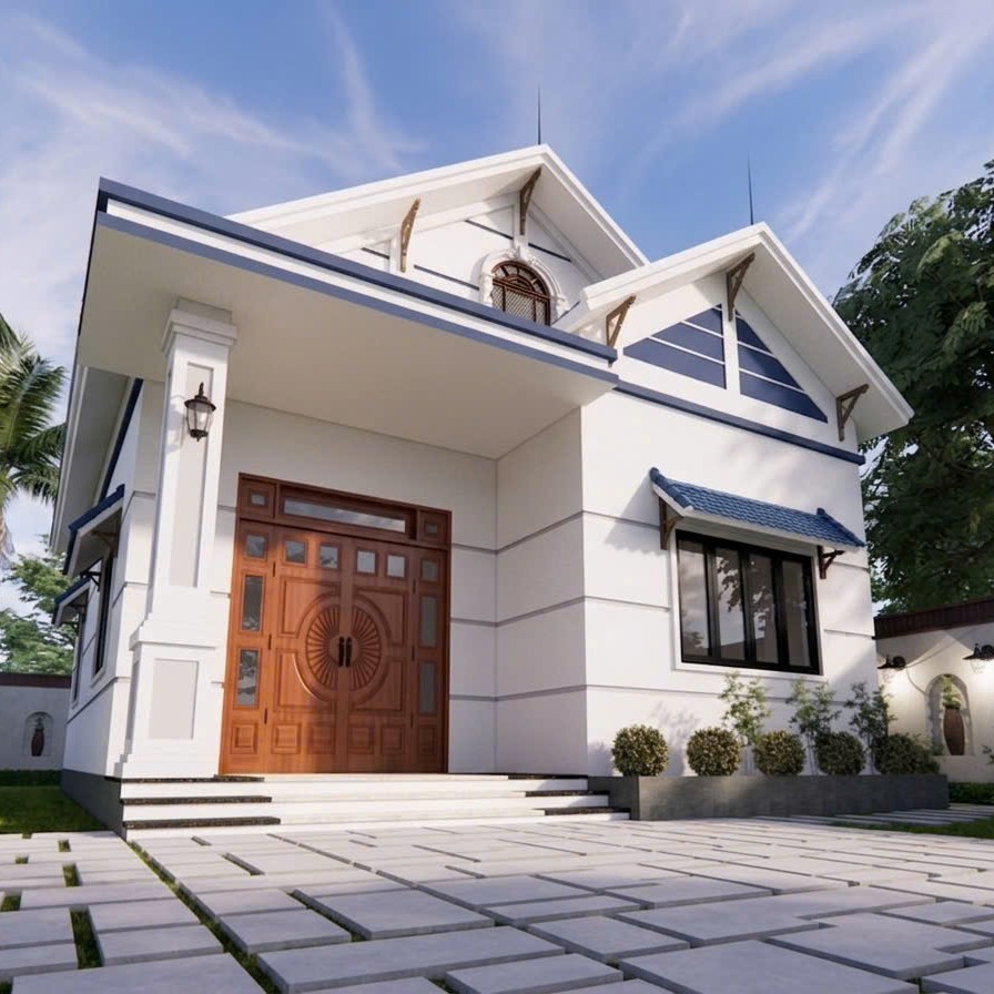 V382 | Bản vẽ thiết kế mẫu nhà cấp 4 mái Thái Tân cổ điển 3 phòng ngủ, kích thước 8.5x14.3m, bản in A3 đẹp. có phối cảnh 3D