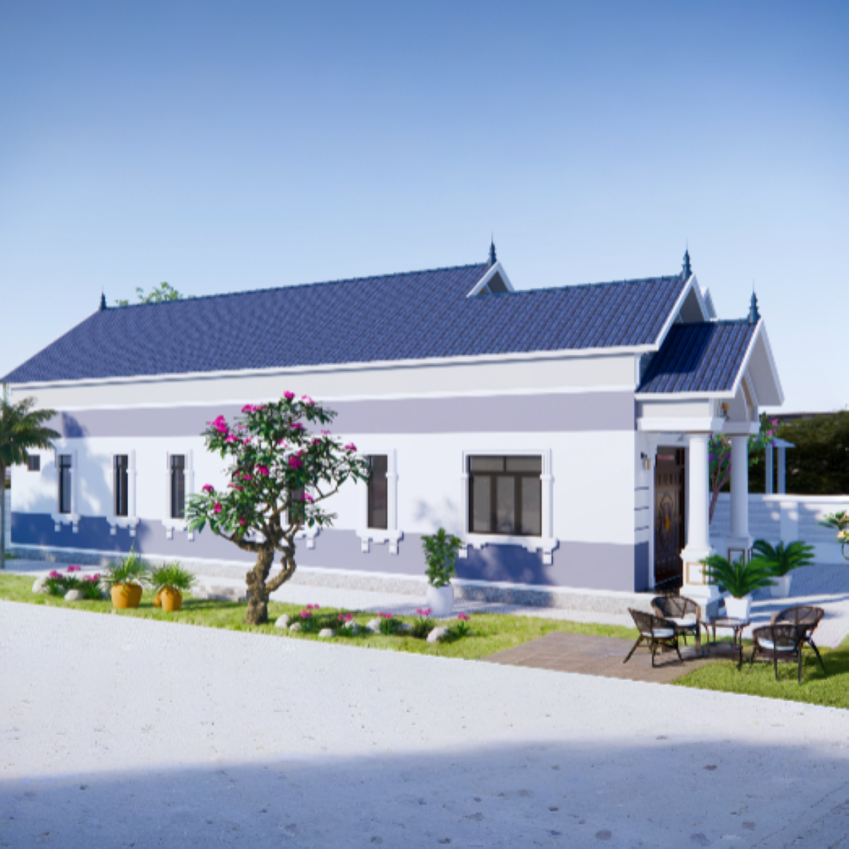 V426 | Bản vẽ thiết kế mẫu nhà mái Thái tân cổ điển 1 tầng 3 phòng ngủ, kích thước 7.5x20m, bản in A3 đẹp, có phối cảnh 3D