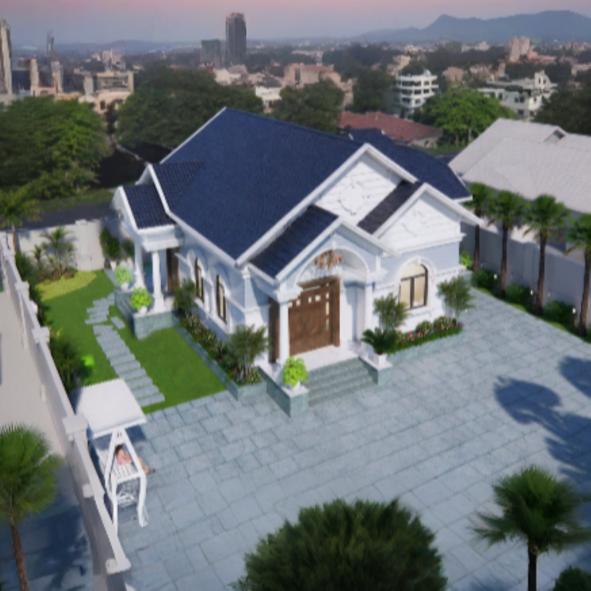 V549 | Bản vẽ thiết kế mẫu nhà vườn cấp 4 mái Thái, 3 phòng ngủ, kích thước 9.8x9.4m, bản in A3 đẹp, có phối cảnh 3D