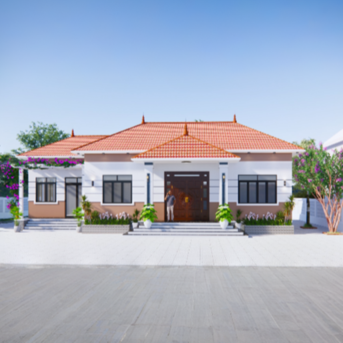 V459 | Bản vẽ thiết kế mẫu nhà cấp 4 mái Nhật hiện đại kết hợp nét truyền thống 4 phòng ngủ, bản in A3 đẹp, có phối cảnh 3D