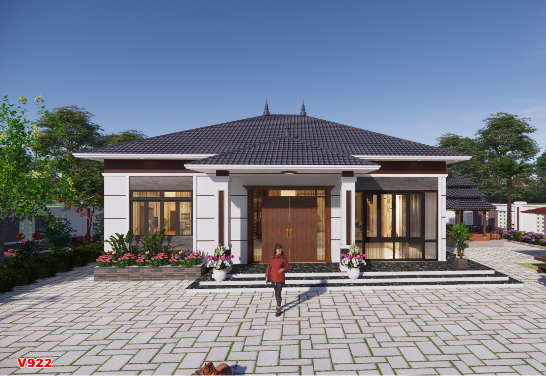 V922 | Mẫu nhà vườn mái Nhật 1 tầng hiện đại 3 phòng ngủ kích thước 12,5x12m