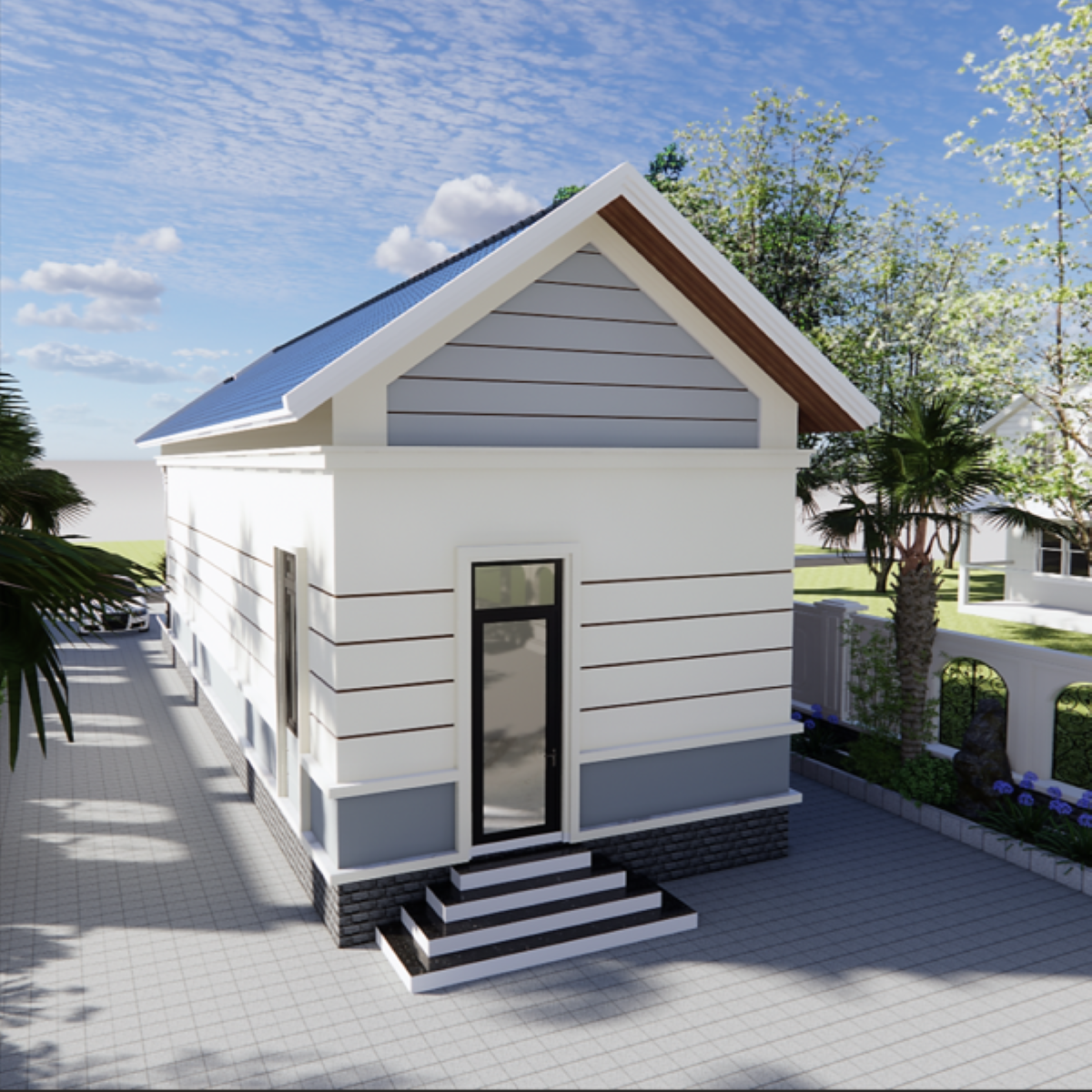 V368 | Bản vẽ thiết kế Kiến trúc mẫu nhà cấp 4 mái Thái hiện đại 2 phòng ngủ, kích thước 5.2x14.3m, bản in A3 đẹp, phối cảnh 3D