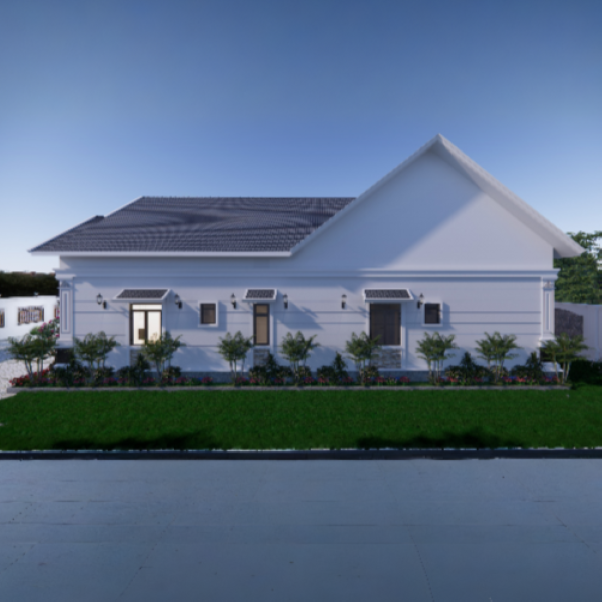 V406 | Bản vẽ thiết kế mẫu nhà mái Thái Tân cổ điển 1 tầng 4 phòng ngủ, kích thước 11x22m, bản in A3 đẹp, có phối cảnh 3D