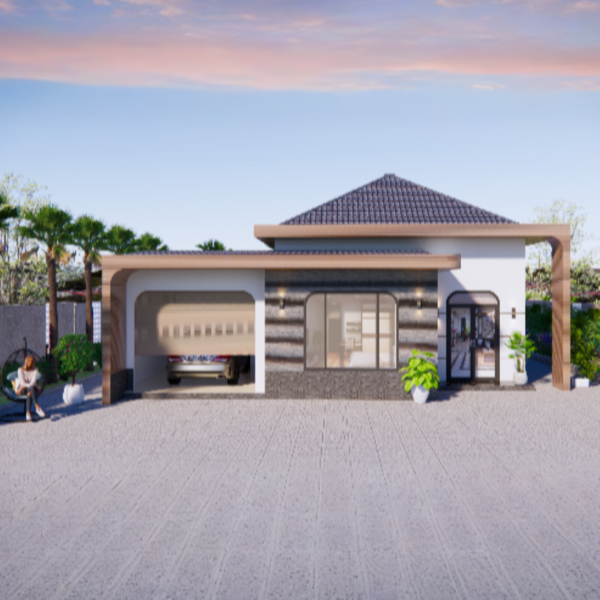 V734 | Bản vẽ thiết kế mẫu nhà mái Nhật Hiện đại-Tối giản 1 tầng 2 phòng ngủ, kích thước 7.5x10m, bản in A3, có phối cảnh 3D