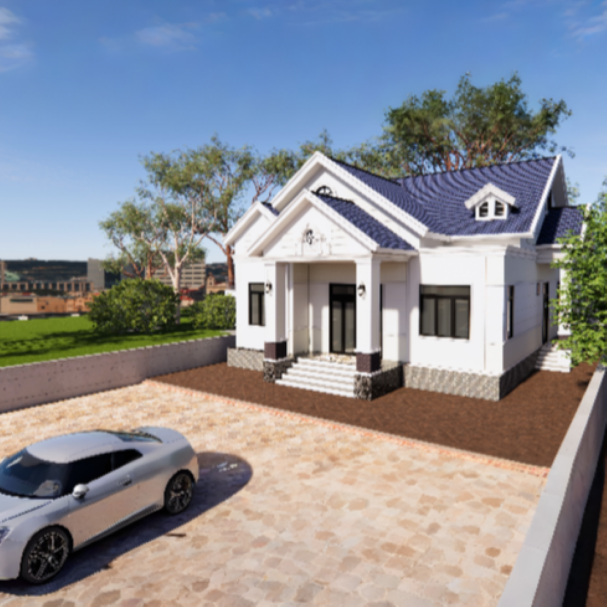 V557 | Bản vẽ thiết kế mẫu nhà vườn mái Thái hiện đại 1 tầng 4 phòng ngủ, kích thước 11x13m, bản in A3 đẹp, có phối cảnh 3D