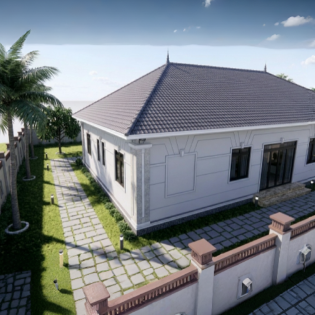 V338 | Bản vẽ thiết kế mẫu nhà vườn cấp 4 mái Nhật rộng rãi 4 phòng ngủ, kích thước 20x9m, bản in A3 đẹp, có phối cảnh 3D