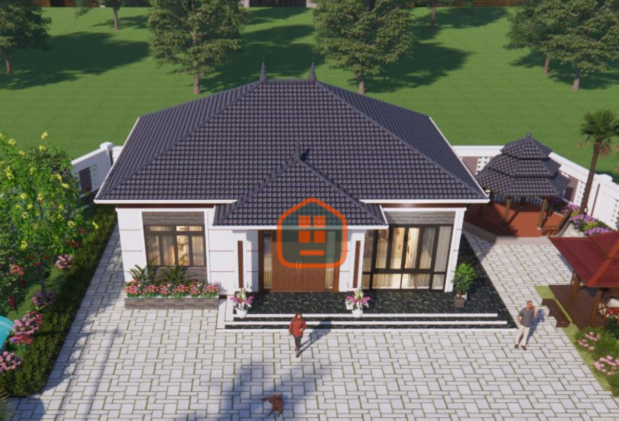 V922 | Mẫu nhà vườn mái Nhật 1 tầng hiện đại 3 phòng ngủ kích thước 12,5x12m