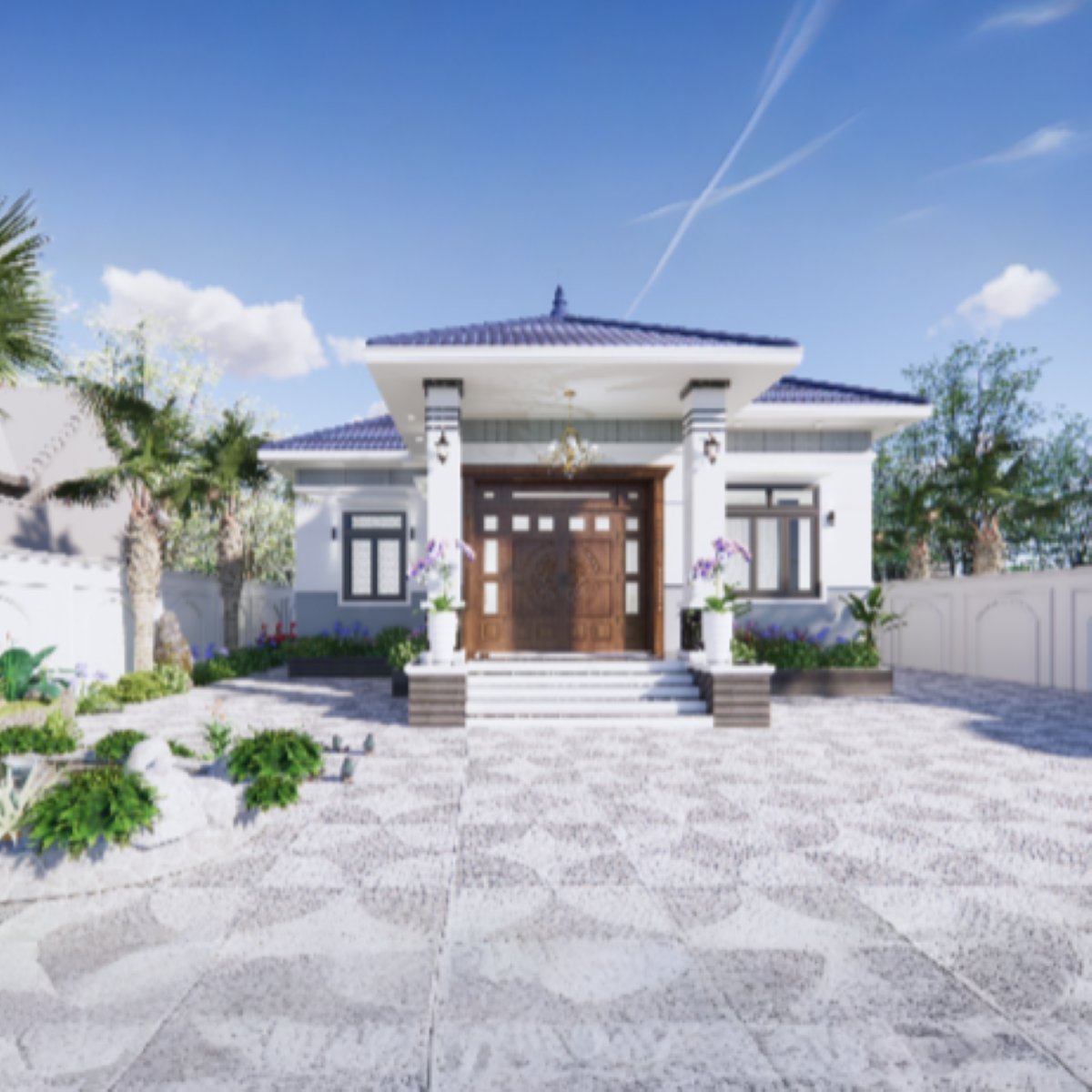 V598 | Bản vẽ thiết kế mẫu nhà vườn mái Nhật, 1 tầng 3 phòng ngủ, kích thước 11x8m, bản in A3 đẹp, có phối cảnh 3D
