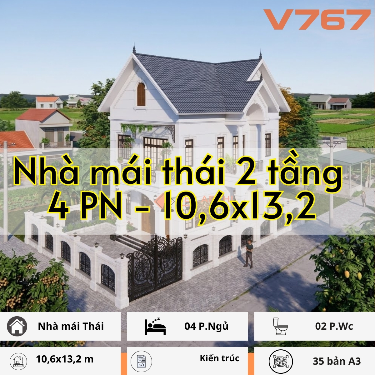 V767 | Bản vẽ kiến trúc mẫu nhà mái Thái 2 tầng 4 phòng ngủ kích thước 10,6x13,2m