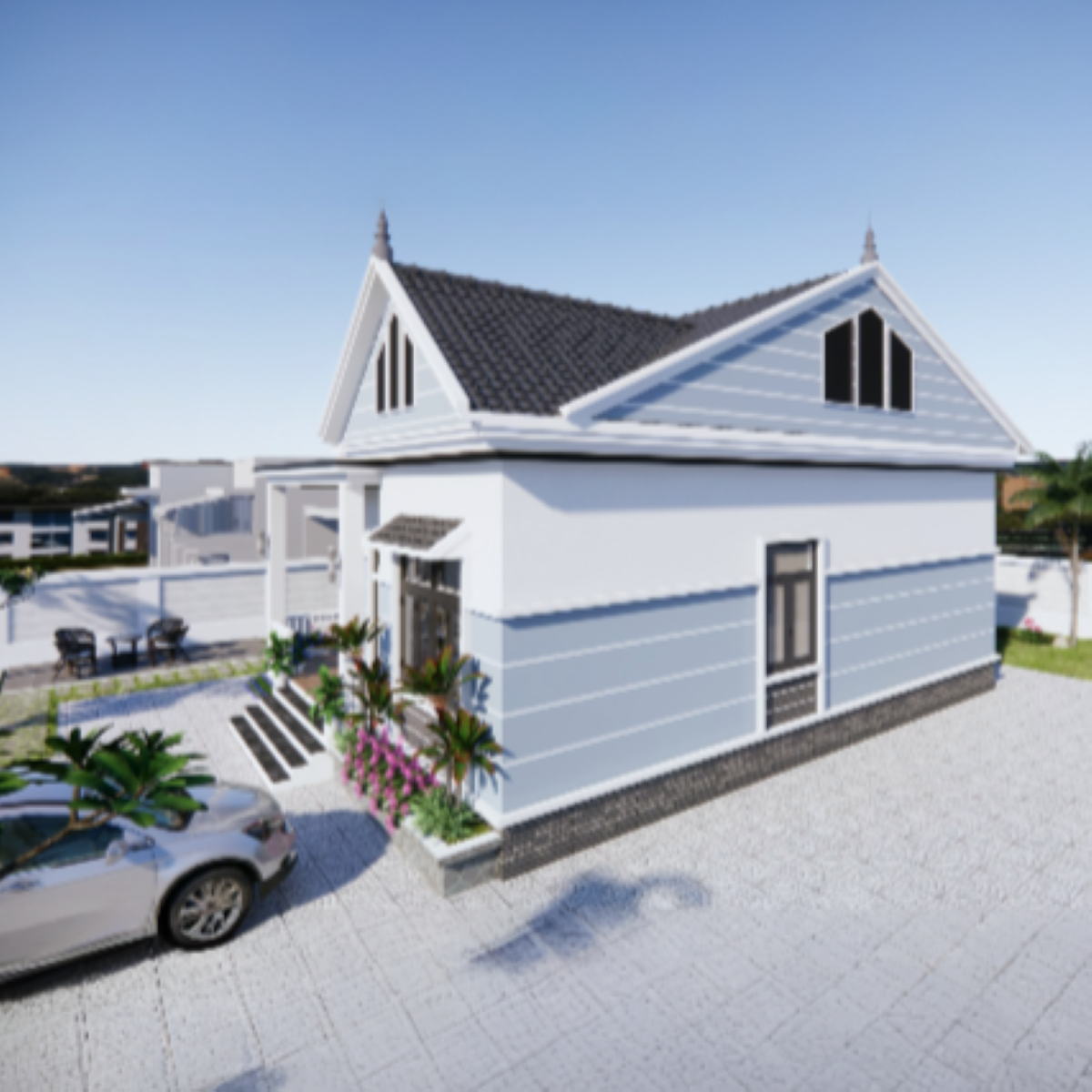 V424 | Bản vẽ thiết kế mẫu nhà vườn mái Thái hiện đại 1 tầng 2 phòng ngủ, kích thước 8x12m, bản in A3 đẹp, có phối cảnh 3D