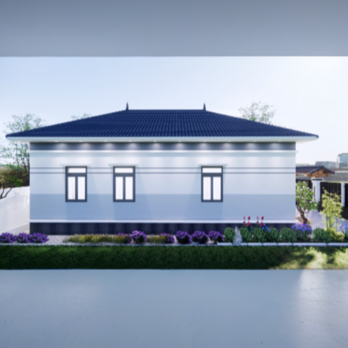 V724 | Bản vẽ thiết kế mẫu nhà vườn mái Nhật, 1 tầng 3 phòng ngủ, kích thước 11x13m, bản in A3 đẹp, có phối cảnh 3D