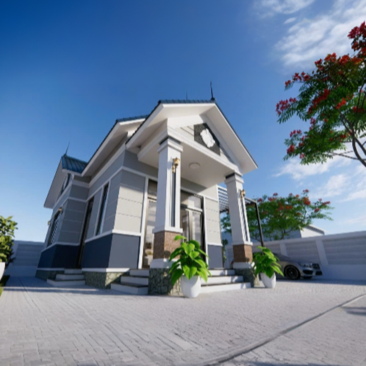 V401 | Bản vẽ thiết kế mẫu nhà mái Thái hiện đại 1 tầng 3 phòng ngủ, kích thước 8.2x10.6m, bản in A3 đẹp, có phối cảnh 3D