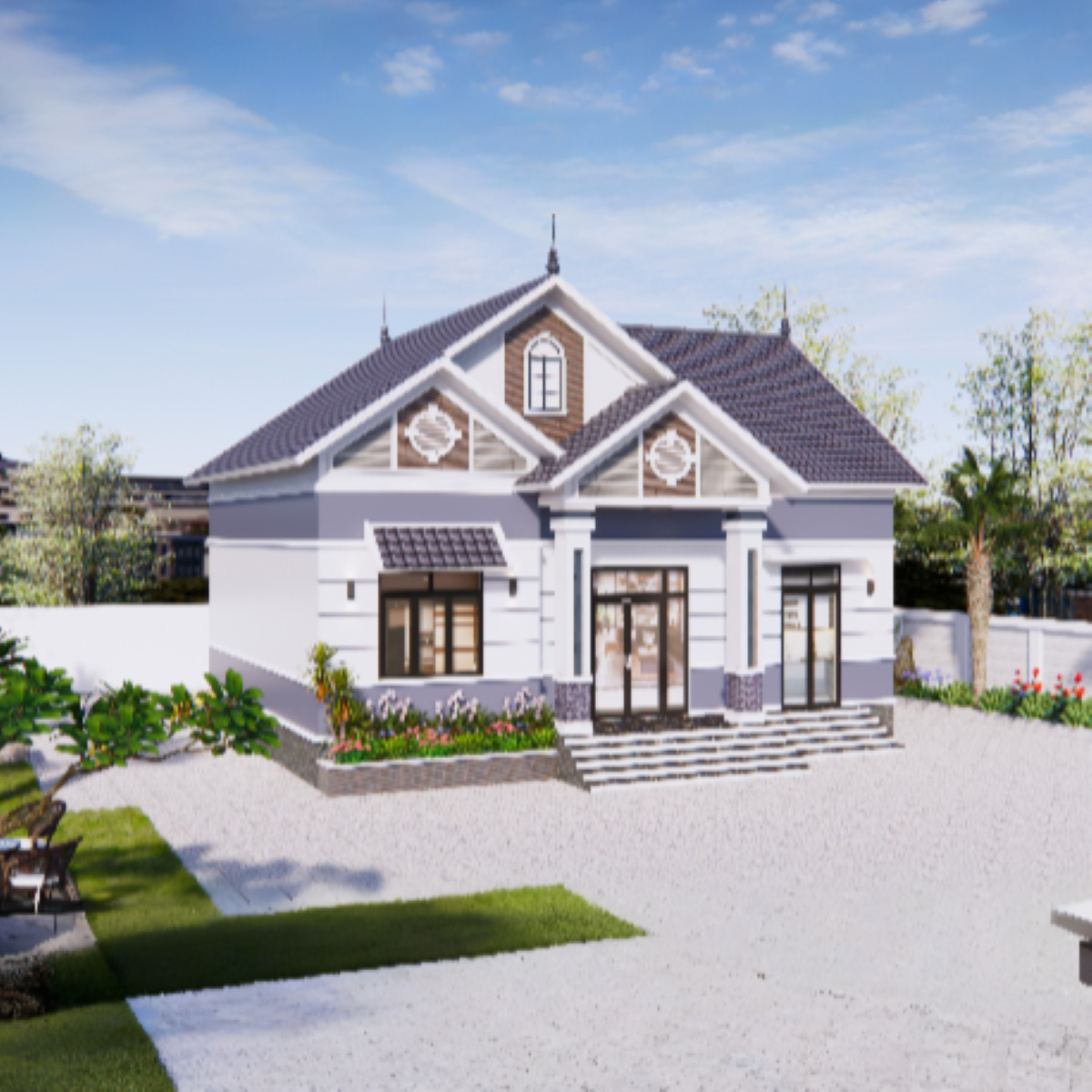 V633 | Bản vẽ thiết kế mẫu nhà vườn mái Thái hiện đại 1 tầng 3 phòng ngủ, kích thước 11.5x8.8m, bản in A3 đẹp, có phối cảnh 3D
