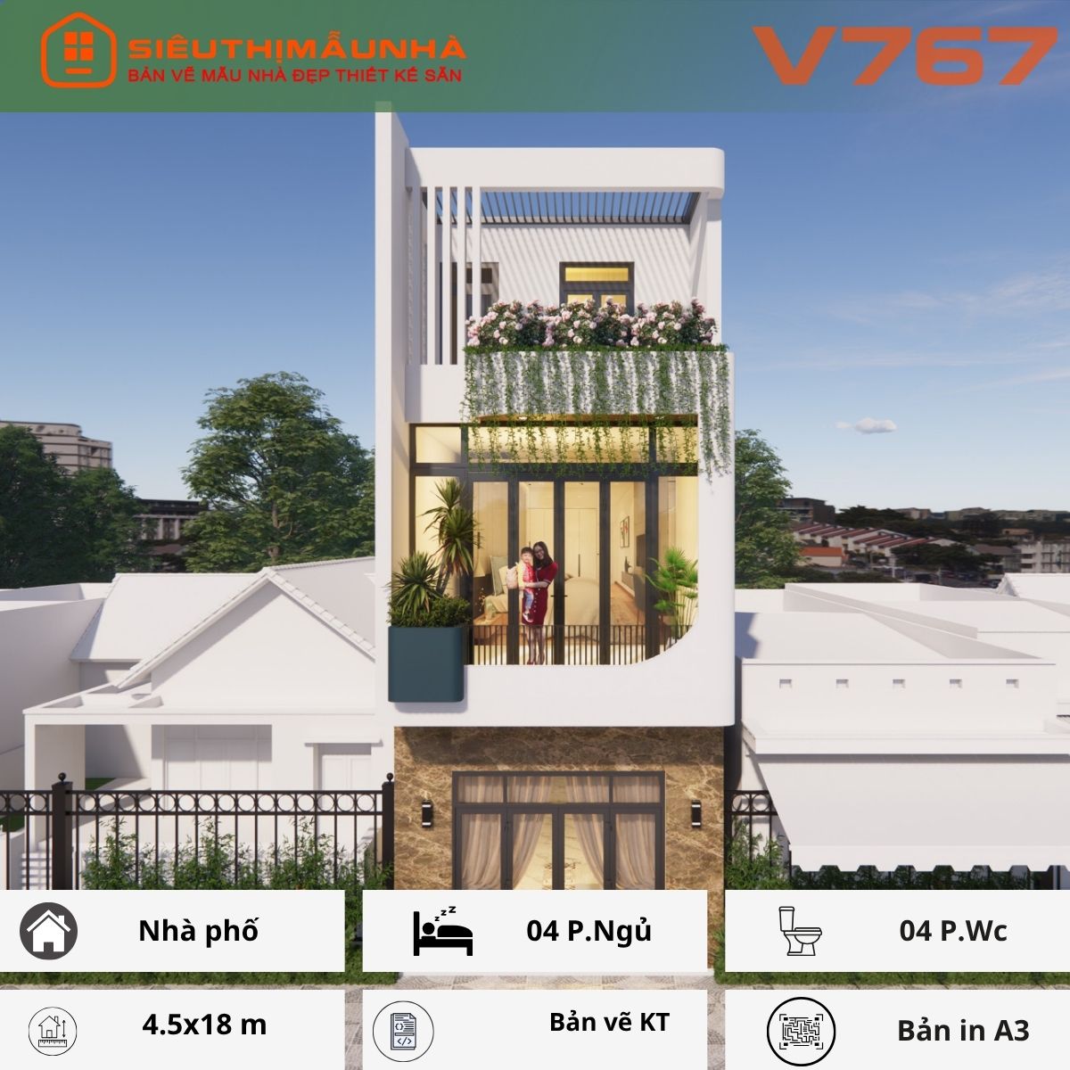 V697 | Bản vẽ thiết kế Full hồ sơ mẫu nhà phố 2 tầng 1 tum, 4 phòng ngủ 4 WC, kích thước 5x18m, bản in A3 đẹp, phối cảnh 3D