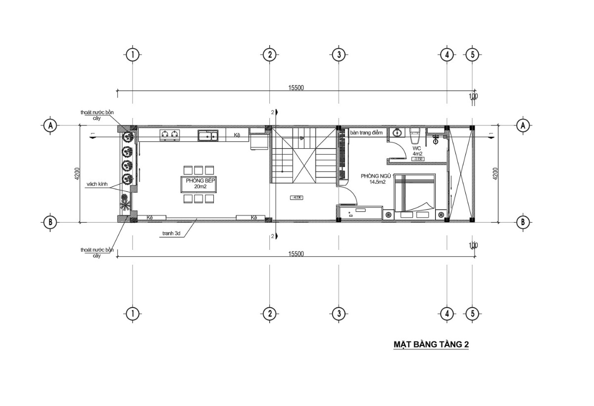 V522 | Bản vẽ thiết kế Full hồ sơ mẫu nhà phố 3 tầng 1 tum, kích thước 4.2x15.5m, 3 phòng ngủ, bản in A3 đẹp, phối cảnh 3D