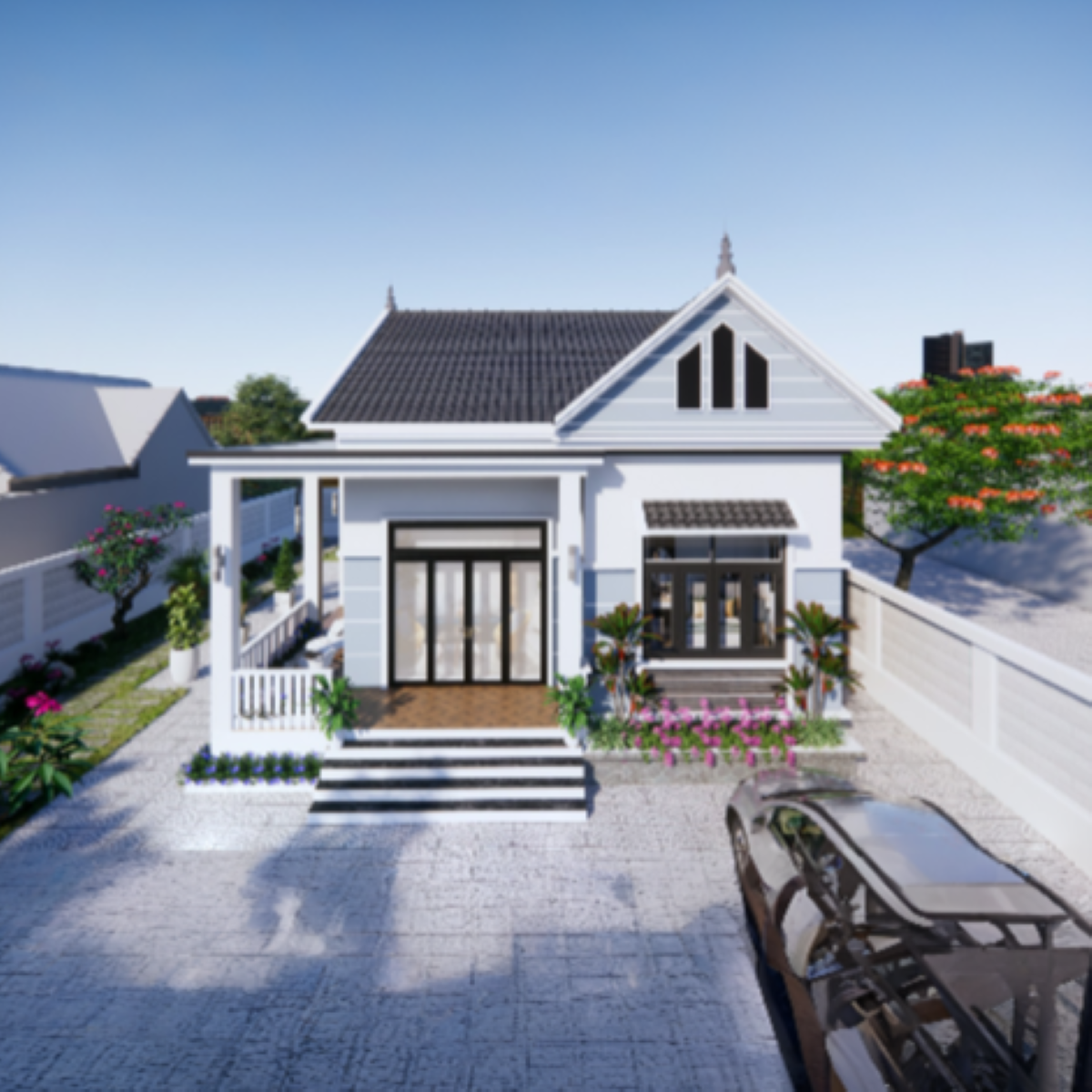 V424 | Bản vẽ thiết kế mẫu nhà vườn mái Thái hiện đại 1 tầng 2 phòng ngủ, kích thước 8x12m, bản in A3 đẹp, có phối cảnh 3D