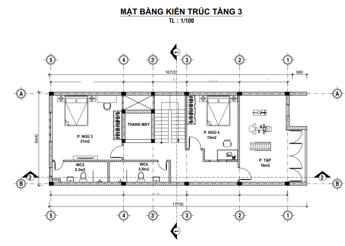 V521 | Bản vẽ thiết kế Full hồ sơ mẫu nhà phố hiện đại 4 tầng 1 tum, kích thước 6x17m, 5 phòng ngủ, bản in A3 đẹp phối cảnh 3D