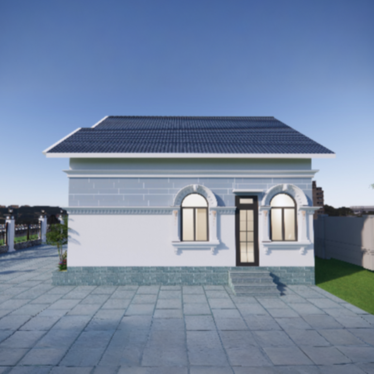 V549 | Bản vẽ thiết kế mẫu nhà vườn cấp 4 mái Thái, 3 phòng ngủ, kích thước 9.8x9.4m, bản in A3 đẹp, có phối cảnh 3D