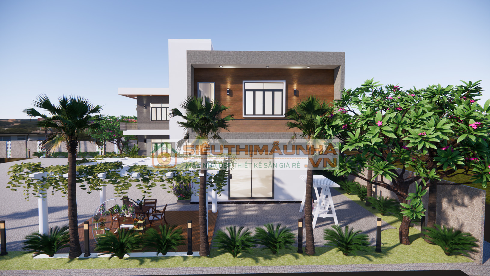 BG444 | Mẫu nhà mái bằng 2 tầng 5 phòng ngủ kích thước 18x16m phong cách hiện đại