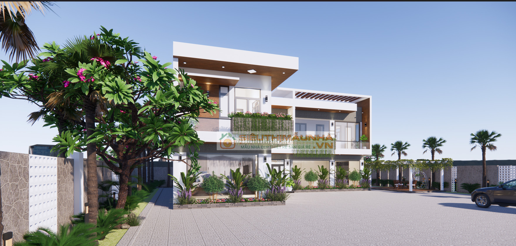 BG444 | Mẫu nhà mái bằng 2 tầng 5 phòng ngủ kích thước 18x16m phong cách hiện đại