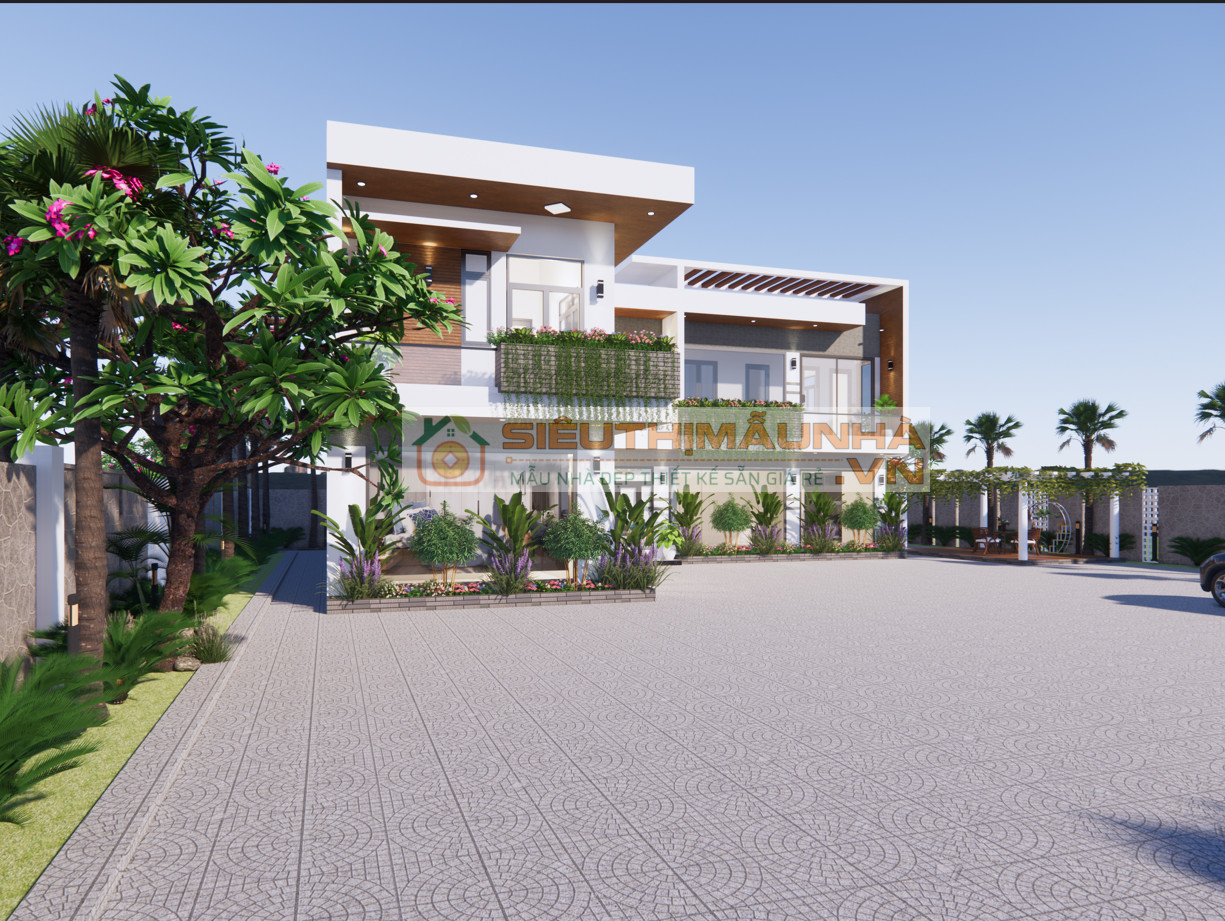 BG444 | Mẫu nhà mái bằng 2 tầng 5 phòng ngủ kích thước 18x16m phong cách hiện đại