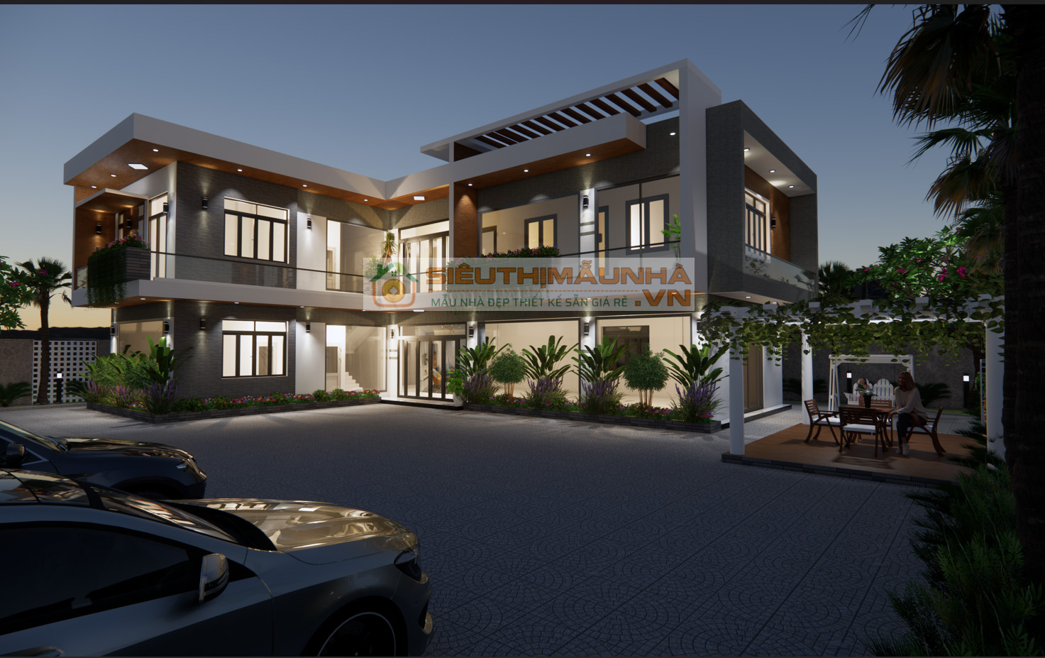 BG444 | Mẫu nhà mái bằng 2 tầng 5 phòng ngủ kích thước 18x16m phong cách hiện đại