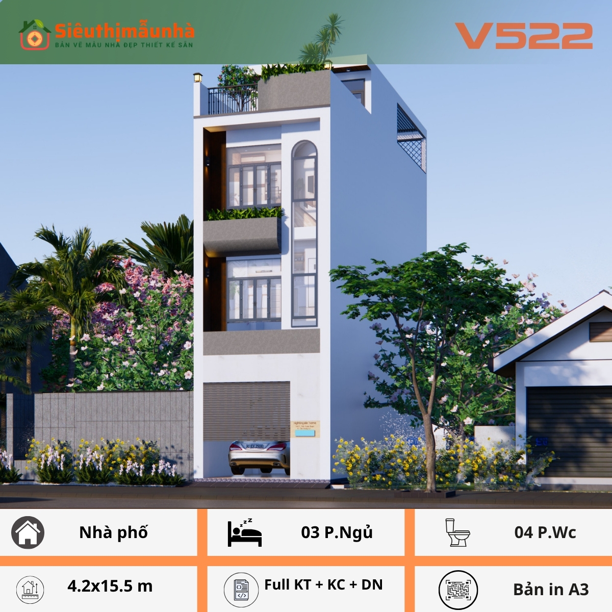 V522 | Bản vẽ thiết kế Full hồ sơ mẫu nhà phố 3 tầng 1 tum, kích thước 4.2x15.5m, 3 phòng ngủ, bản in A3 đẹp, phối cảnh 3D