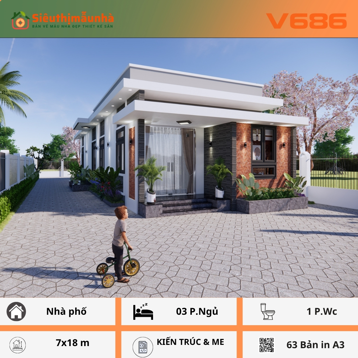 V686 | Bản vẽ thiết kế Full hồ sơ mẫu nhà phố hiện đại 1 tầng 3 phòng ngủ, kích thước 7x18m, bản in A3 đẹp, phối cảnh 3D