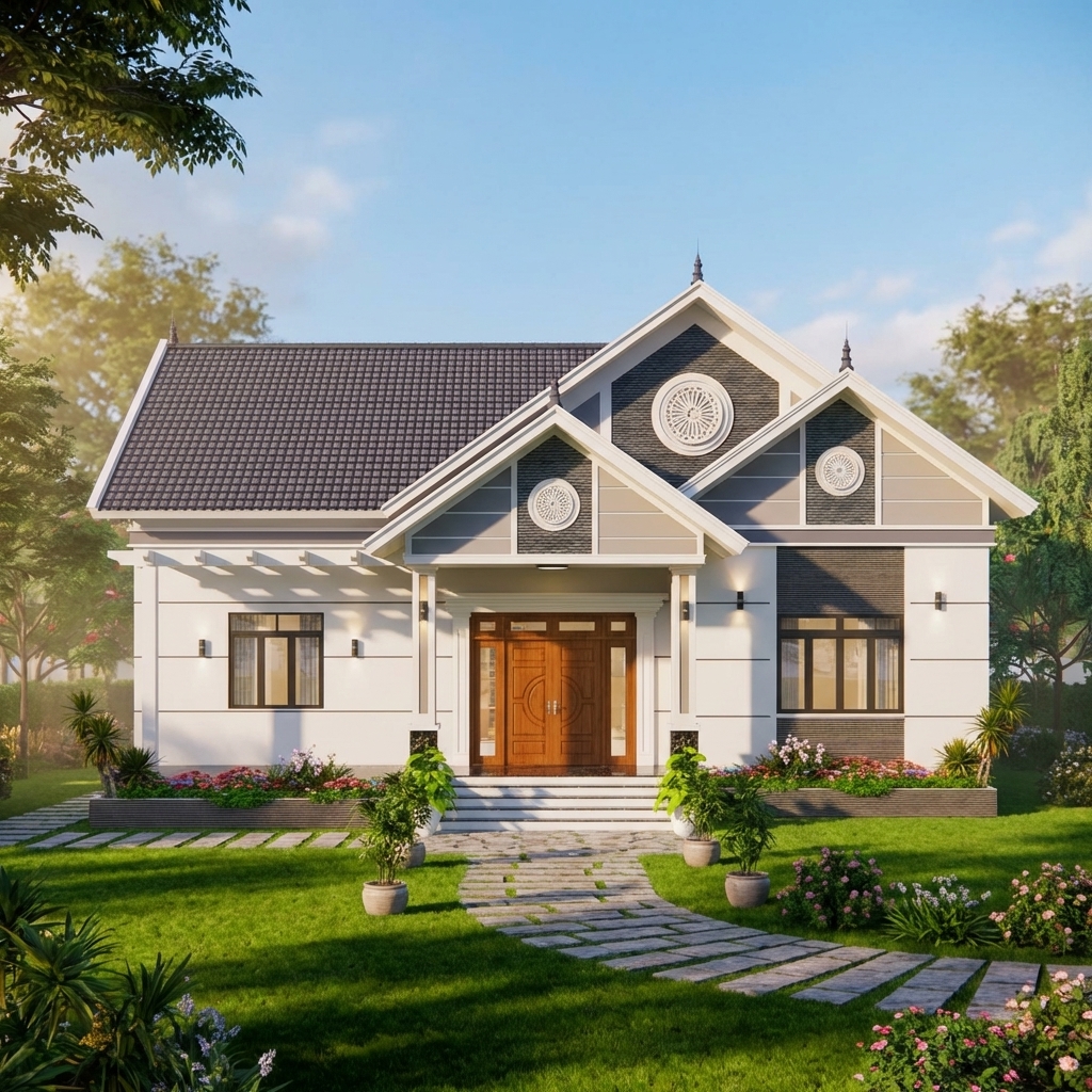 V737 | Bản vẽ thiết kế full hồ sơ mẫu nhà mái Thái 1 tầng 3 phòng ngủ, kích thước 15x12m, bản in A3 đẹp, phối cảnh 3D