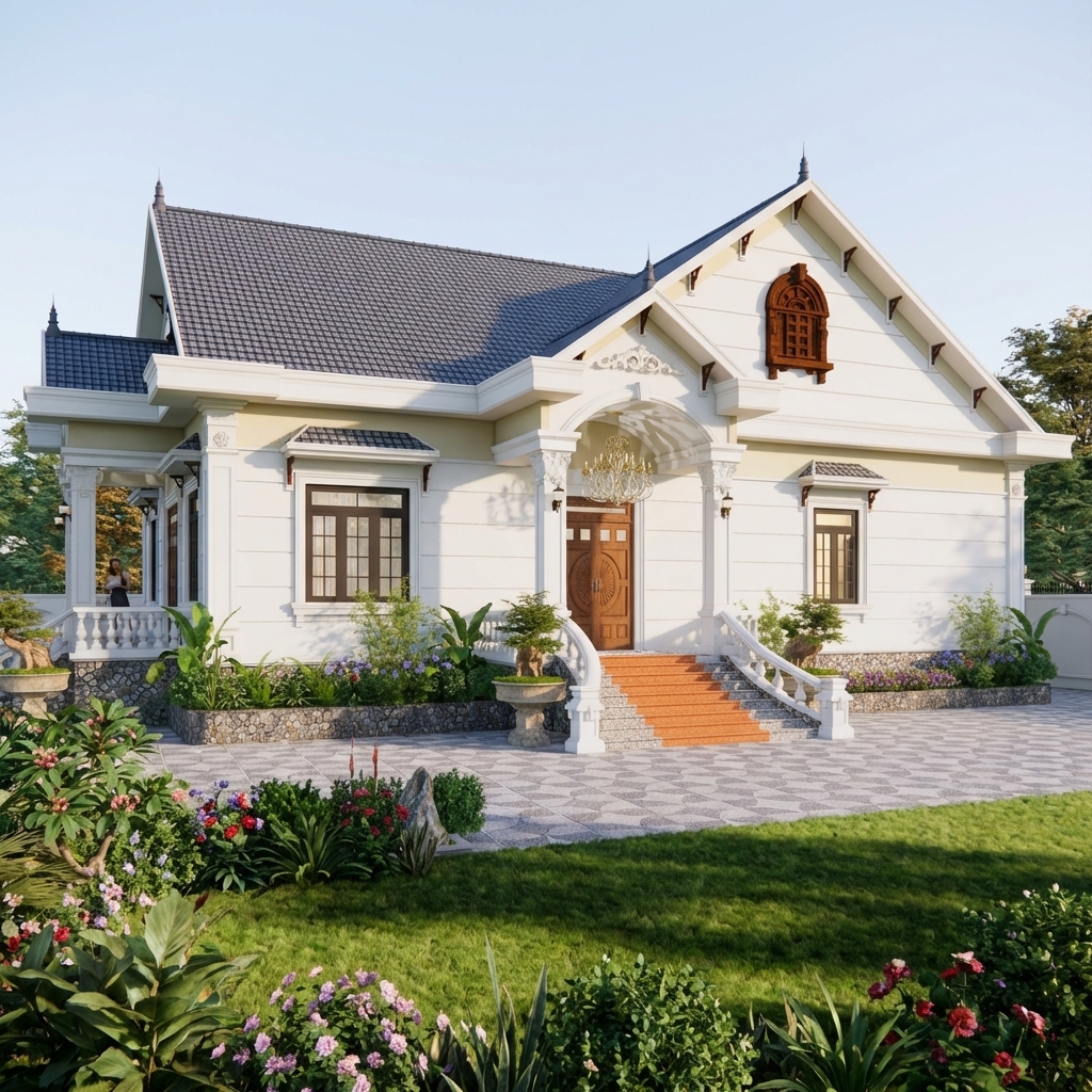 V775 | Bản vẽ thiết kế Kiến trúc, Kết cấu mái nhà mái Thái tân cổ điển, 1 tầng, kích thước 12x23m, 4 phòng ngủ, in A3 đẹp