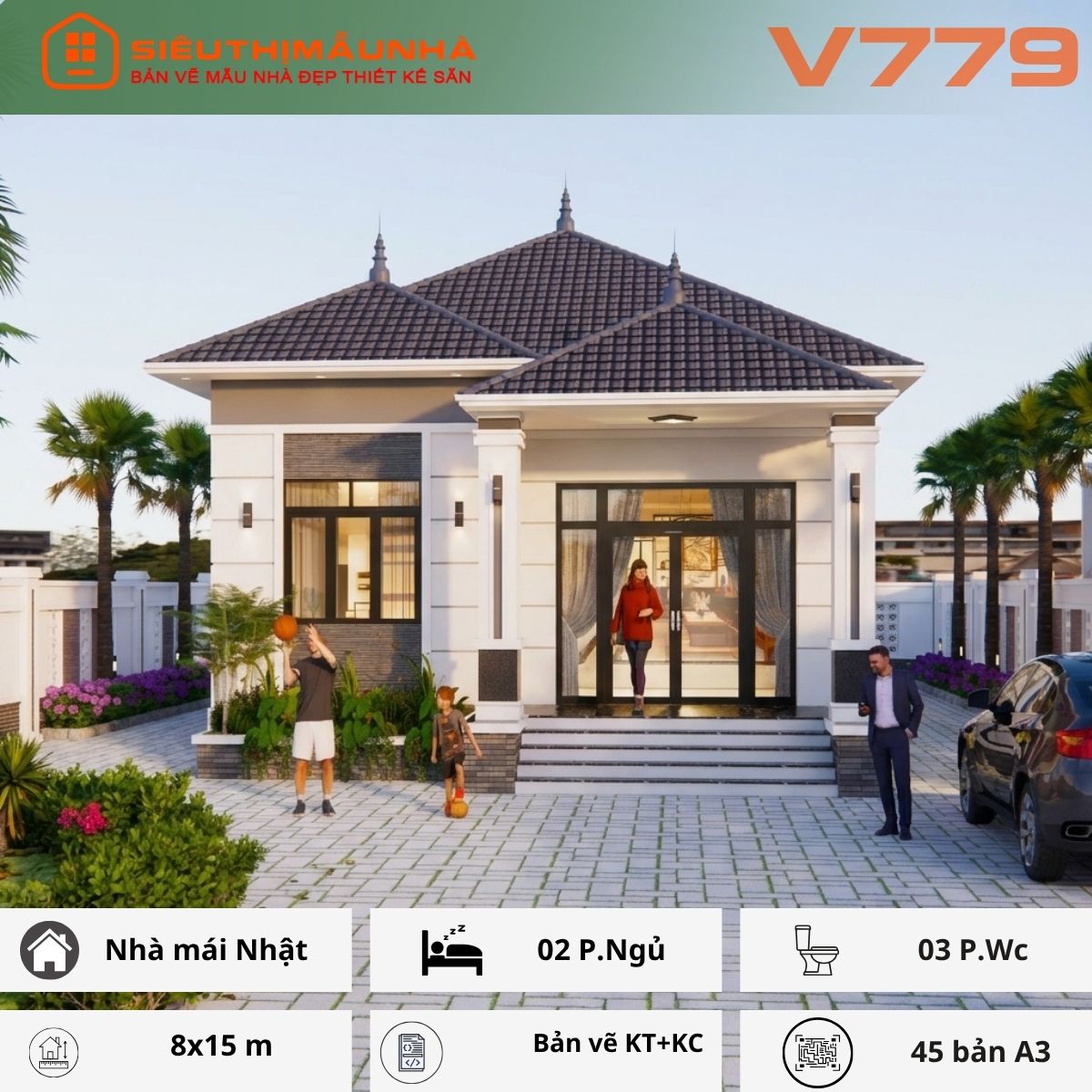 V779 | Bản vẽ thiết kế Kiến trúc, Kết cấu mẫu nhà mái Nhật 1 tầng, 2 phòng ngủ, kích thước 8x15m, bản in A3 đẹp, phối cảnh 3D