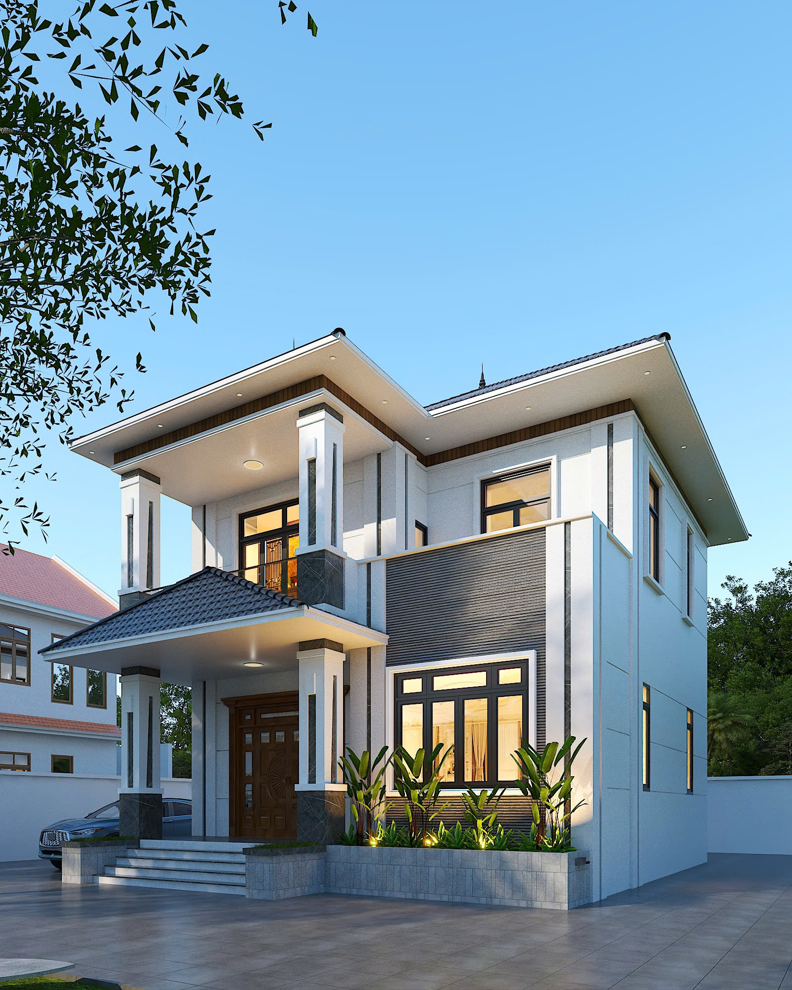 M032026 | Mẫu nhà mái Nhật hiện đại 2 tầng 4 phòng ngủ kích thước 9x9,7m