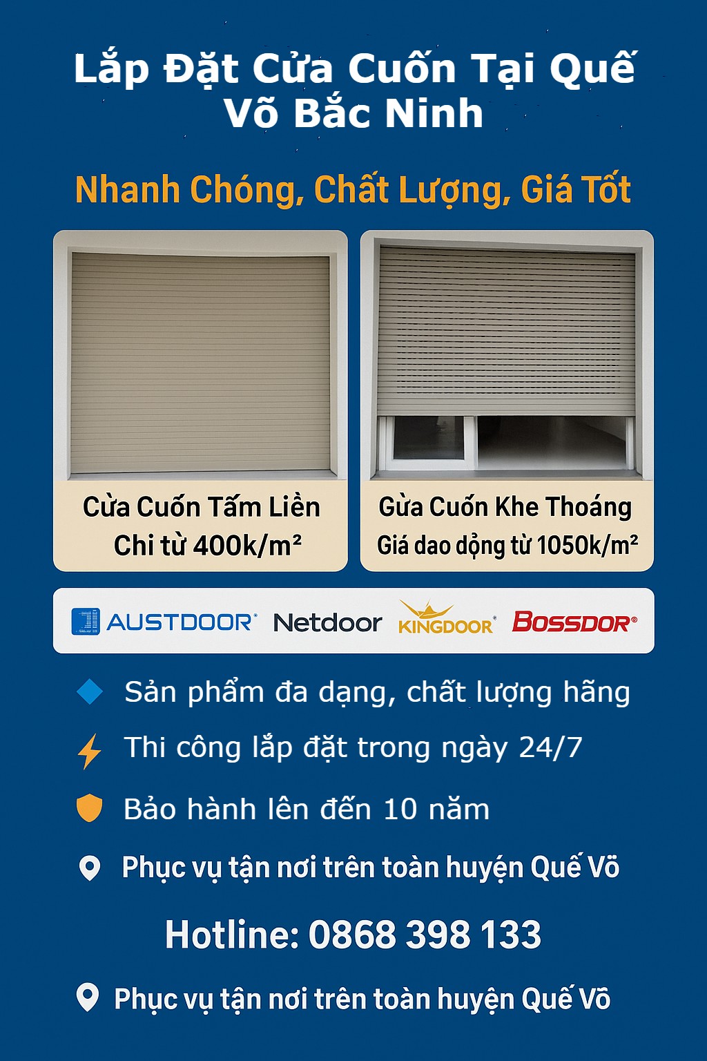 Chuyên cung cấp và lắp đặt cửa cuốn Tại Quế Võ Bắc Ninh. Giá cạnh tranh chỉ từ 400k/1m2 cửa