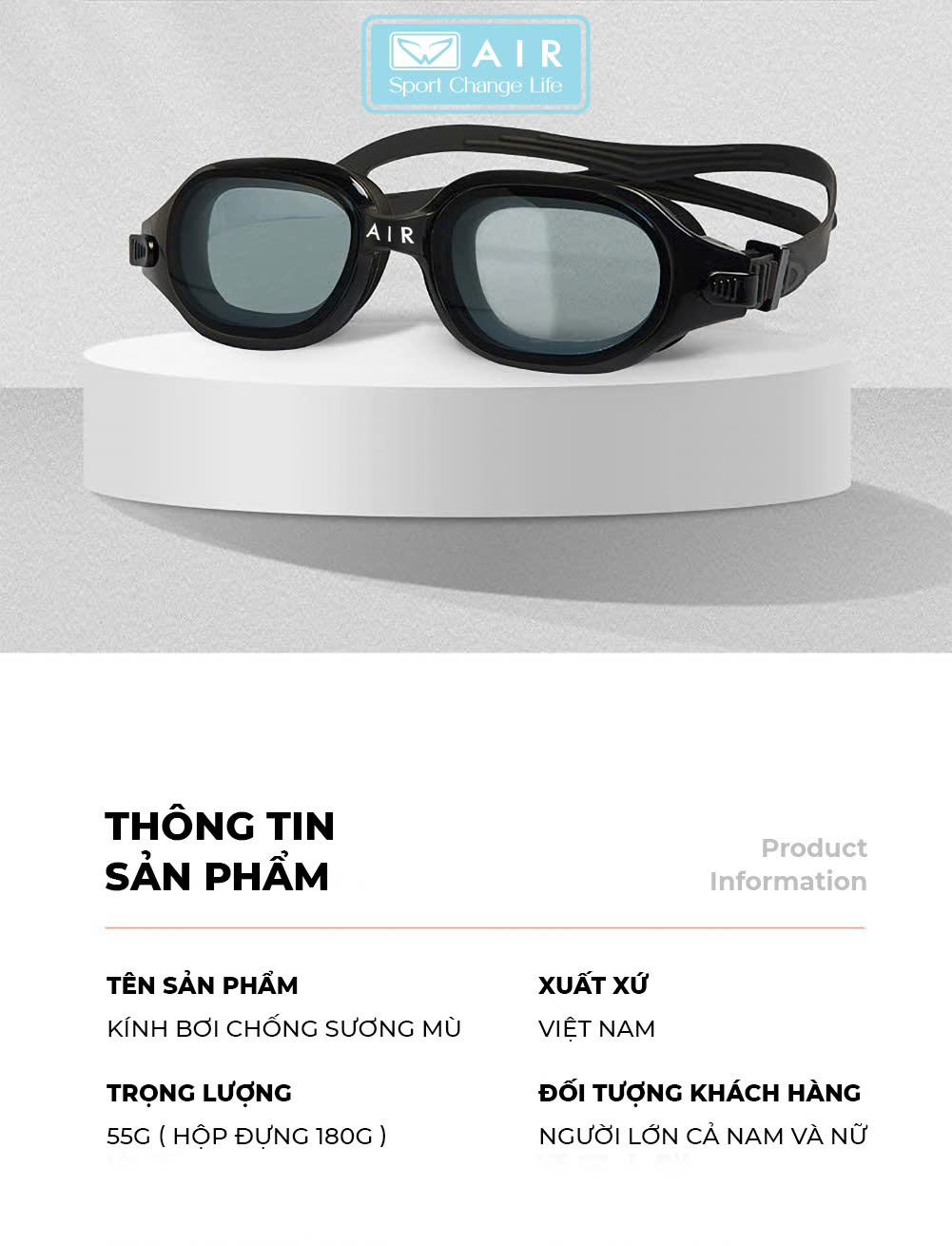 Kính bơi cho người cận thị AIR005 chống tia UV, chống nước 100%, chống sương mờ