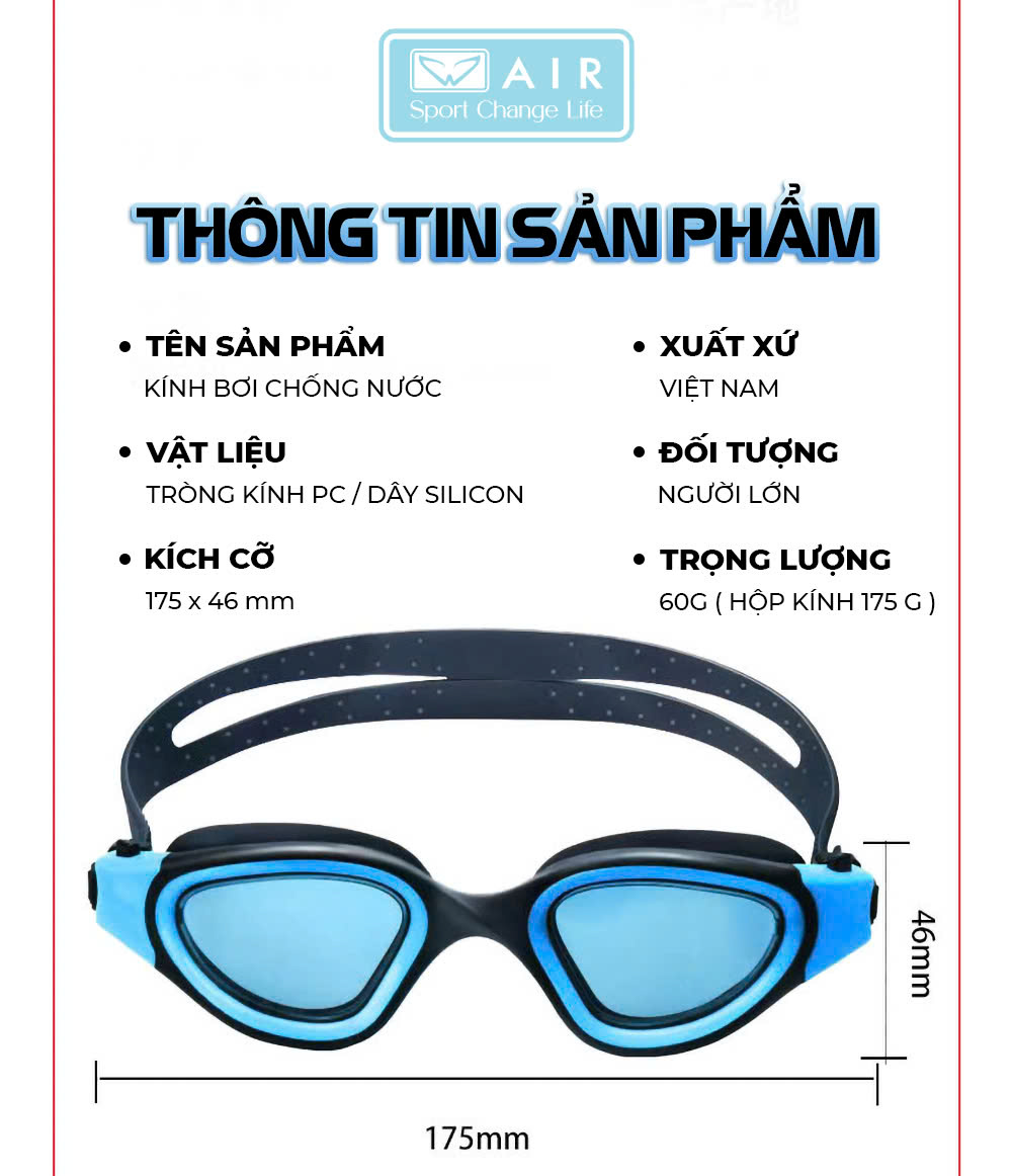Kính Bơi Nam Nữ AIR800 không gây đau mắt, chống sương mờ, chống nước, chống tia UV