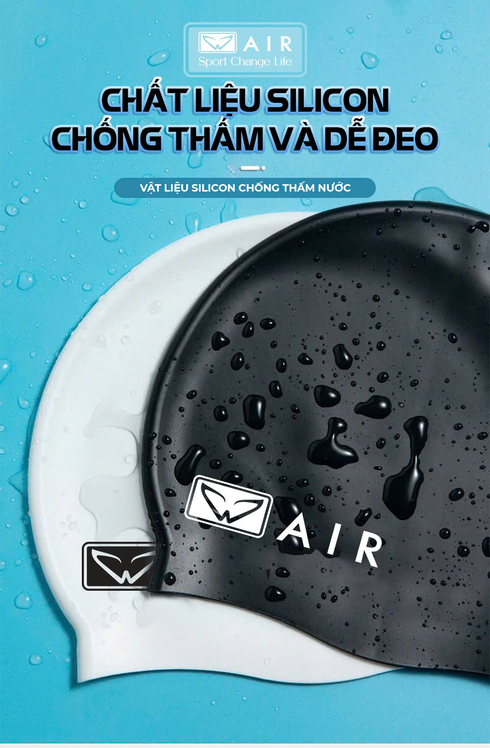 Mũ bơi silicone màu đen trơn