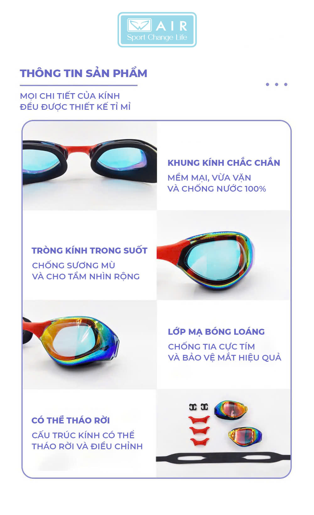 Kính bơi nam nữ AIR700 tráng gương chống tia UVA + UVB