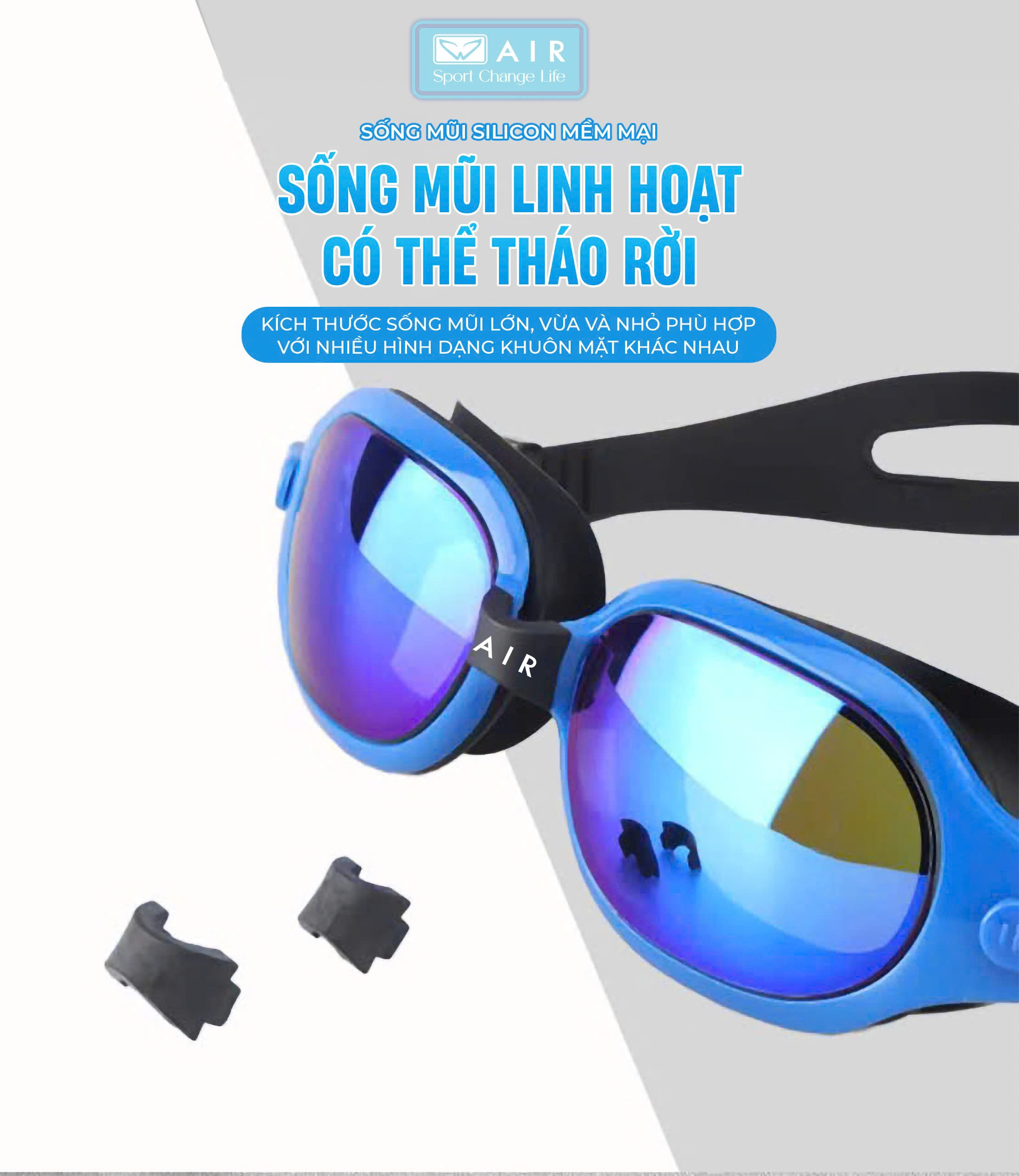 Kính bơi cho người cận thị AIR005 chống tia UV, chống nước 100%, chống sương mờ