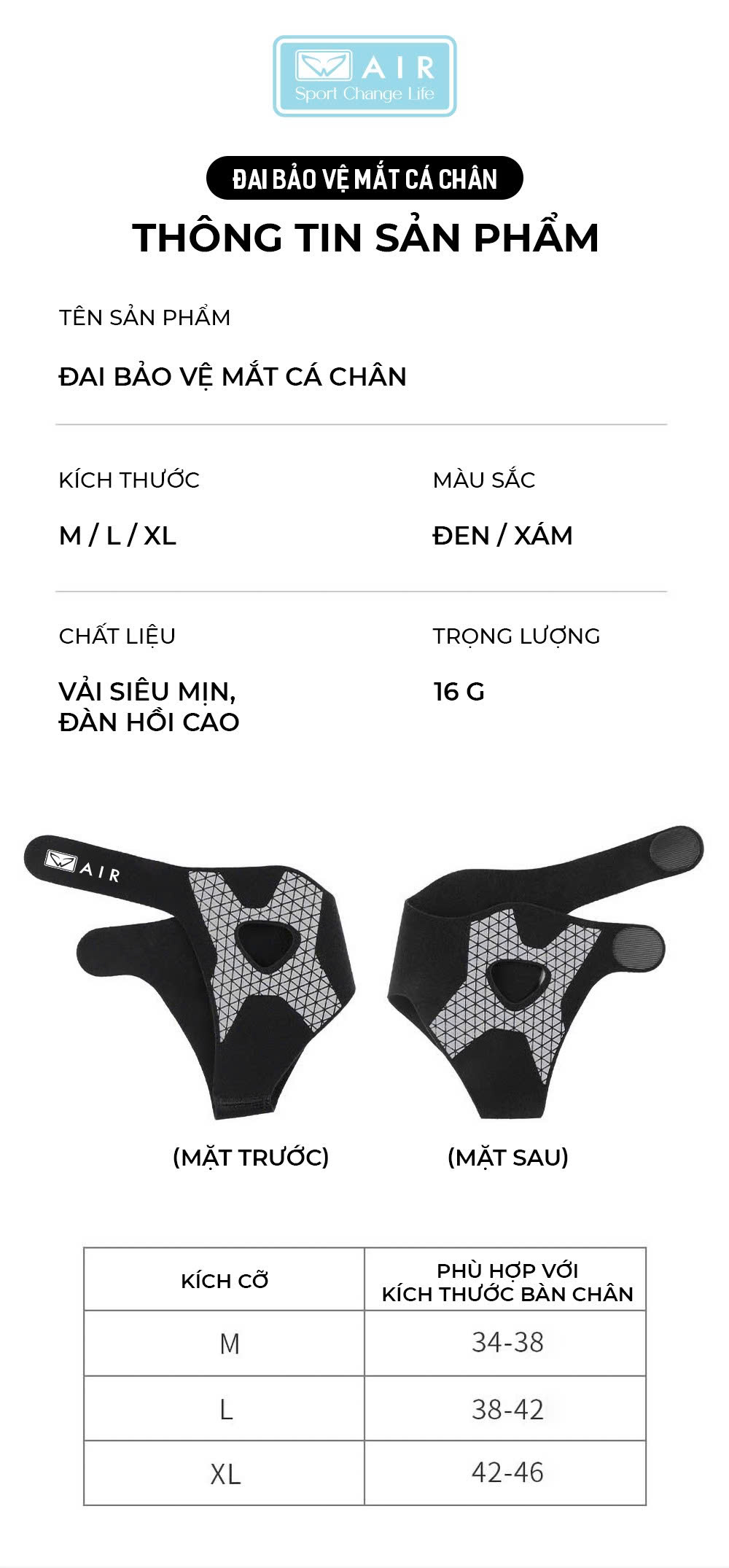 Bó gót AIR16 chống lật cổ chân, bong gân chân