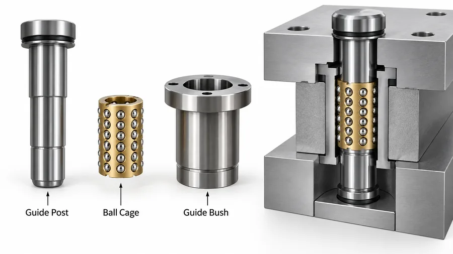 Cấu tạo minh họa hệ dẫn hướng bi trong khuôn gồm Guide Post, Ball Cage và Guide Bush