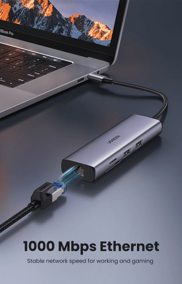 Hub chuyển đổi Type-C UGREEN 90568 hỗ trợ HDMI 4K30Hz, LAN RJ45, USB 3.0, SD/TF và sạc PD | Phú Quốc