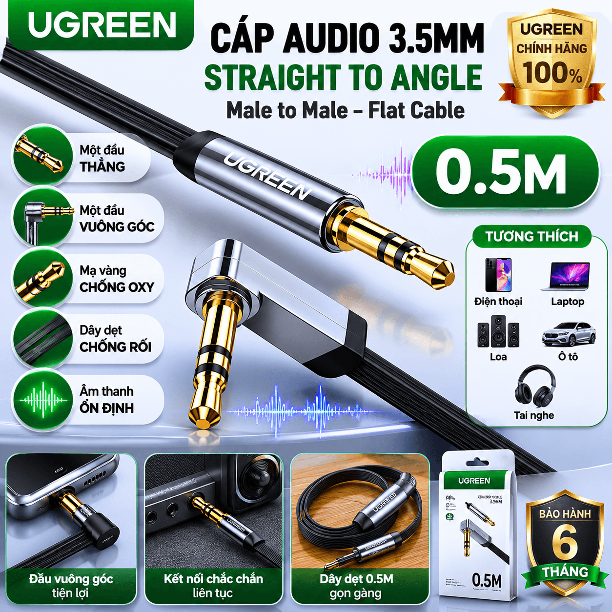Dây Audio 3.5mm Dẹt Đầu Vuông 90 Độ UGREEN AV119 | Phú Quốc