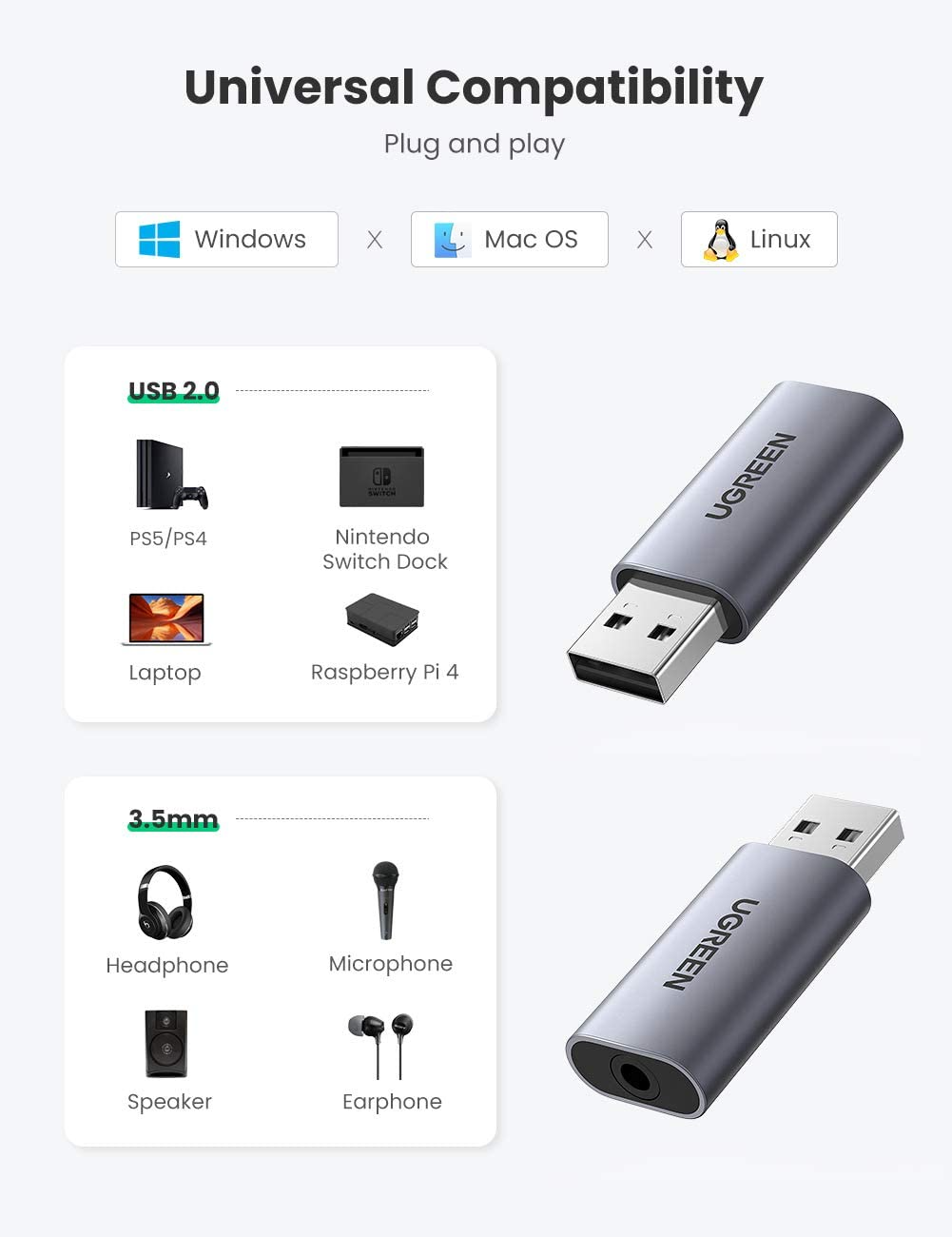 Bộ chuyển đổi âm thanh UGREEN CM383 Từ USB 2.0 sang 3.5mm – Hỗ trợ 2 trong 1 nghe và nói
