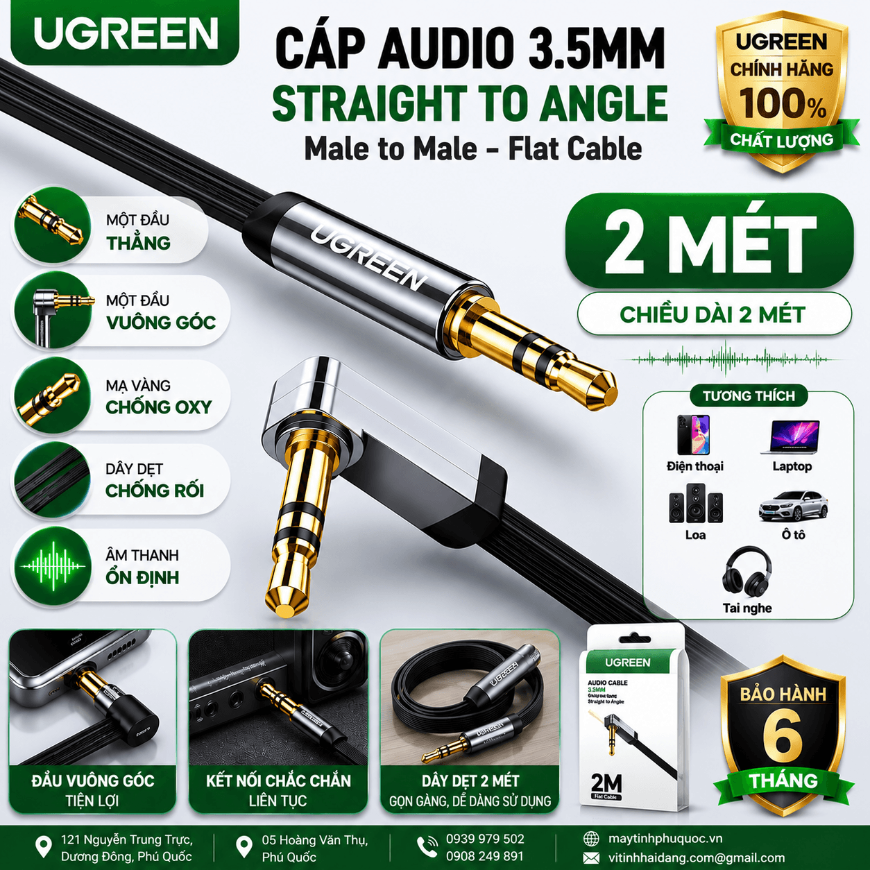 Dây Audio 3.5mm Dẹt Đầu Vuông 90 Độ UGREEN AV119 | Phú Quốc