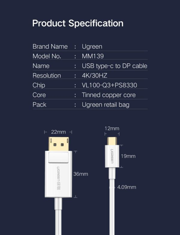Cáp Chuyển Type-C Sang DisplayPort UGREEN MM139 4K | Phú Quốc