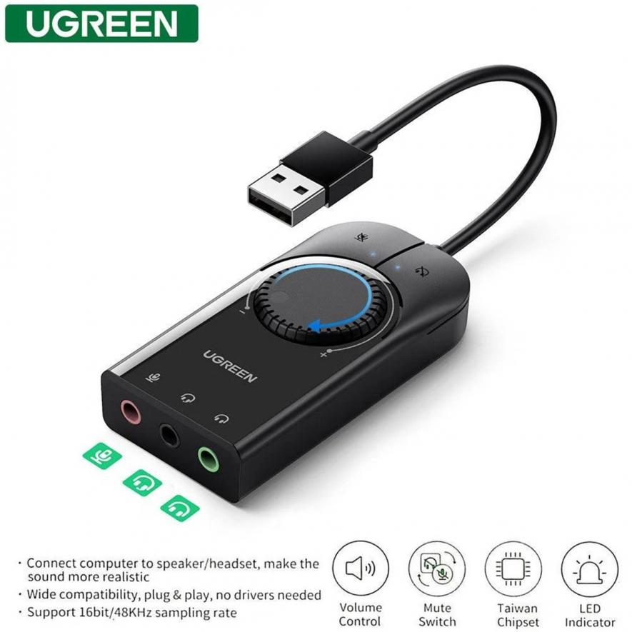 Bộ chuyển đổi âm thanh UGREEN CM129 – Chuyển từ USB sang 3 cổng 3.5mm – Chip SSS1629 DAC 48KHz/16bit