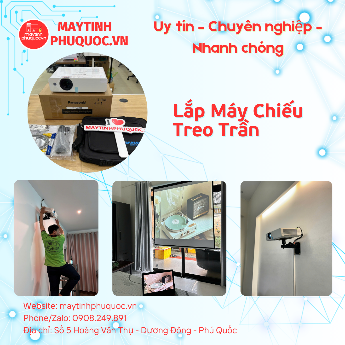 Lắp Máy Chiếu Treo Trần – Giải Pháp Trình Chiếu Gọn Gàng – Dịch Vụ Thi Công Lắp Đặt Phú Quốc | Máy Tính Phú Quốc | Vi Tính Hải Đăng