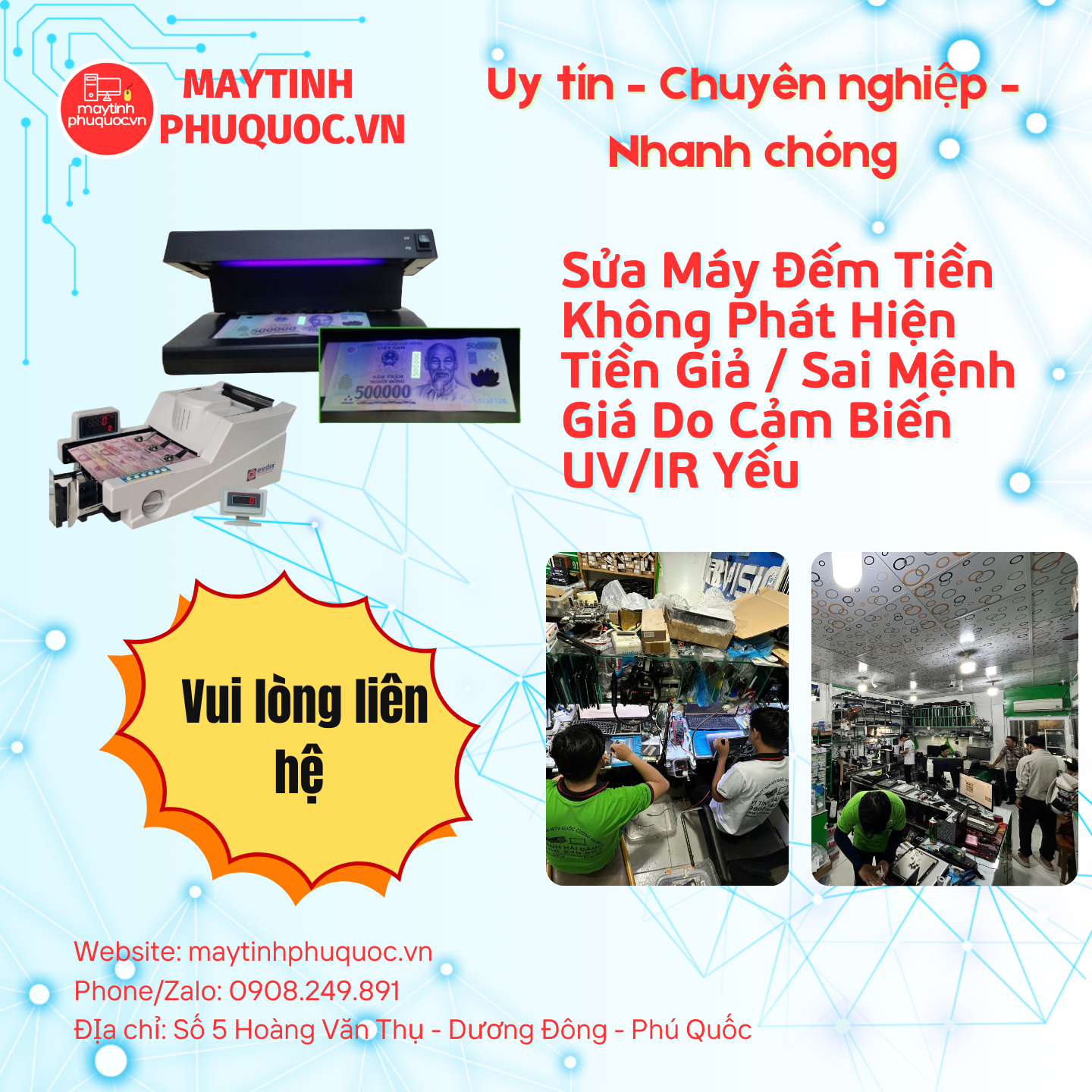 Sửa Máy Đếm Tiền Không Phát Hiện Tiền Giả / Sai Mệnh Giá Do Cảm Biến UV/IR Yếu – Dịch Vụ Sửa Chữa Phú Quốc | Máy Tính Phú Quốc | Vi Tính Hải Đăng