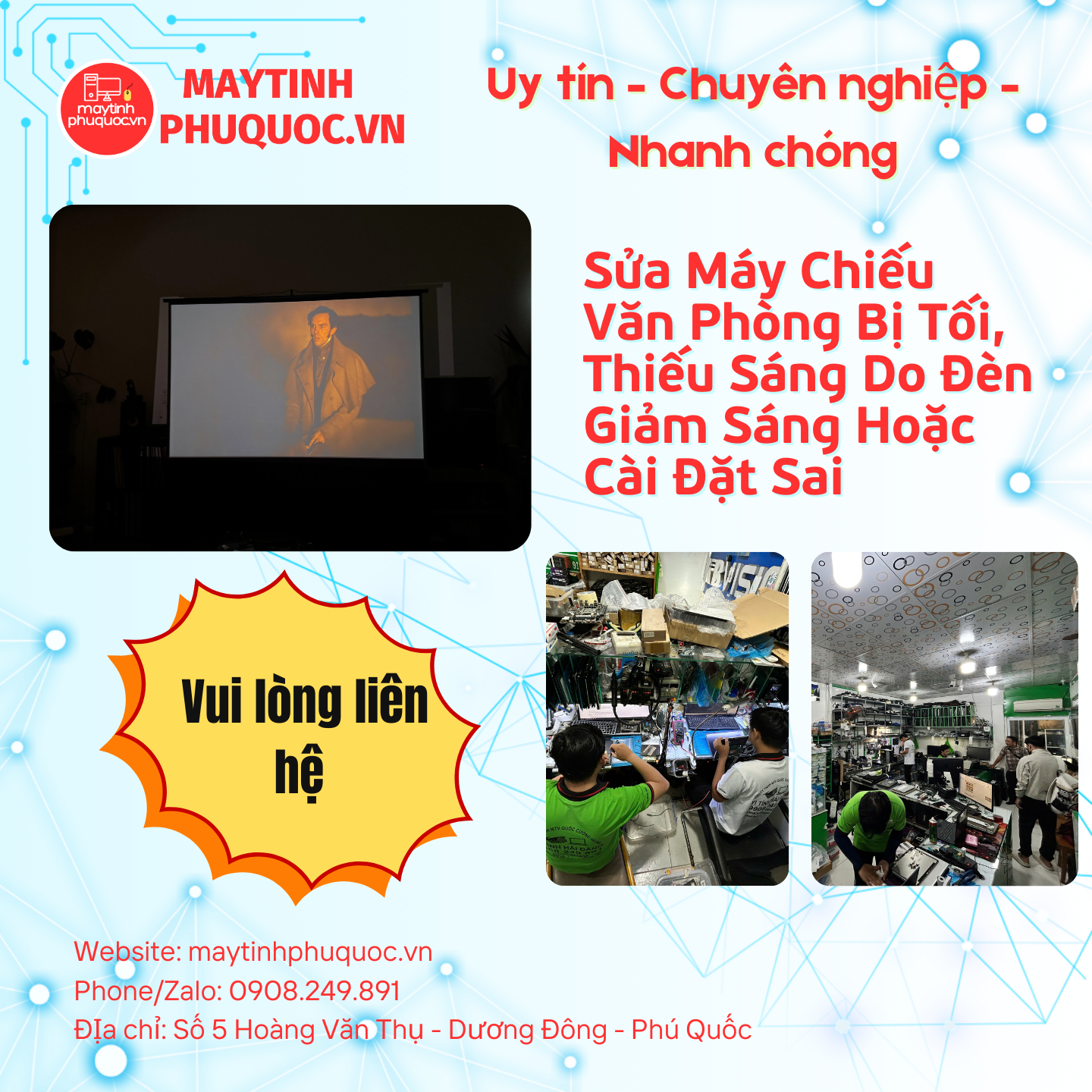 Sửa Máy Chiếu Văn Phòng Bị Tối, Thiếu Sáng Do Đèn Giảm Sáng Hoặc Cài Đặt Sai – Dịch Vụ Sửa Chữa Phú Quốc | Máy Tính Phú Quốc | Vi Tính Hải Đăng