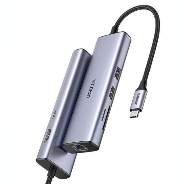 Hub chuyển đổi Type-C UGREEN 90568 hỗ trợ HDMI 4K30Hz, LAN RJ45, USB 3.0, SD/TF và sạc PD | Phú Quốc